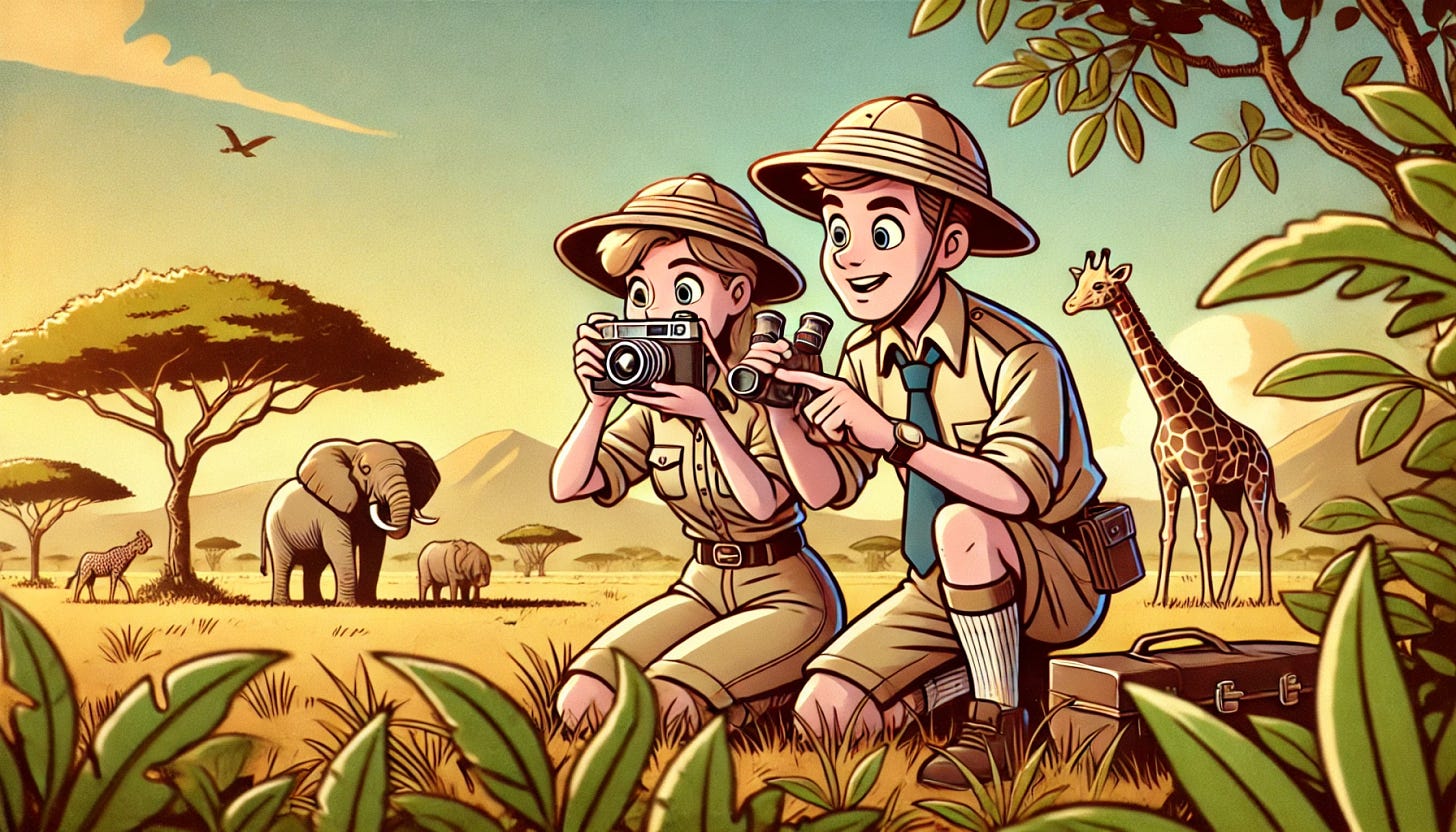 A widescreen, 1980s cartoon-style scene featuring a couple on a safari. They are crouched in a bush, both appearing excited as they fiddle with an old-fashioned camera. The couple is dressed in classic safari attire, with wide-brimmed hats, khaki outfits, and binoculars around their necks. The background features expansive African plains, where massive big game animals like elephants, giraffes, and lions roam freely. The sky is clear with a golden hue from the setting sun, giving the scene a warm, adventurous atmosphere.