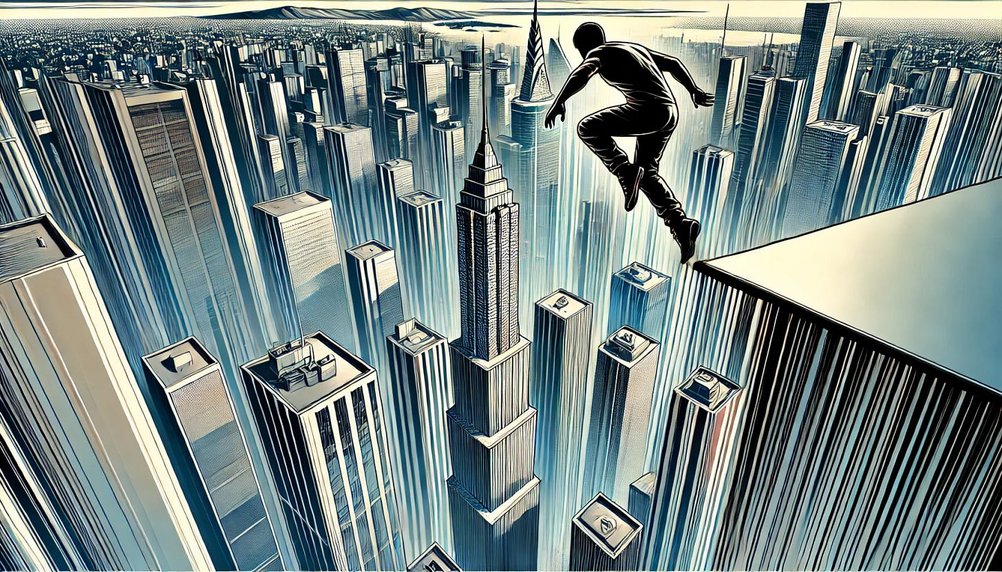 A minimalist comic book-style digital illustration of a stuntman standing on the edge of a skyscraper, poised to leap. The cityscape stretches behind him, blending reality with an abstract mental landscape of focus and determination. The scene is bold yet controlled, capturing the intensity of preparation, fearlessness, and mastery. The aesthetic features clean lines and a futuristic feel. No text, words, speech bubbles, or icons of any kind.