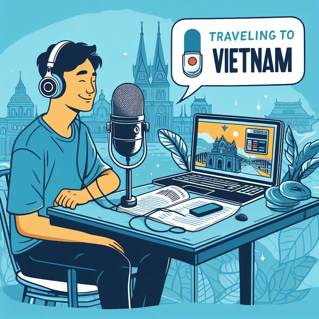 a person beside mic it looks like podcast show and have title "Traveling to Vietnam"