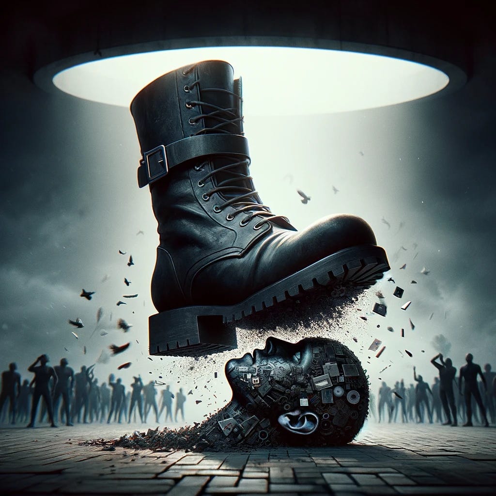 Create a symbolic representation of the Orwellian concept of 'a boot stamping on a human face forever.' The scene is metaphorical and abstract, focusing on the oppressive nature of the concept rather than literal violence. It features a large, dark, ominous boot suspended in the air, symbolizing oppression and authoritarian control. Below the boot is a representation of a human face, not in a literal sense but as a symbolic figure representing humanity. The face is composed of various elements that suggest resilience, diversity, and the human spirit, yet it is overshadowed by the looming presence of the boot. The background is stark and minimalistic, emphasizing the contrast between the oppressive boot and the human element. The overall image conveys a sense of enduring struggle between authoritarian control and human resilience.