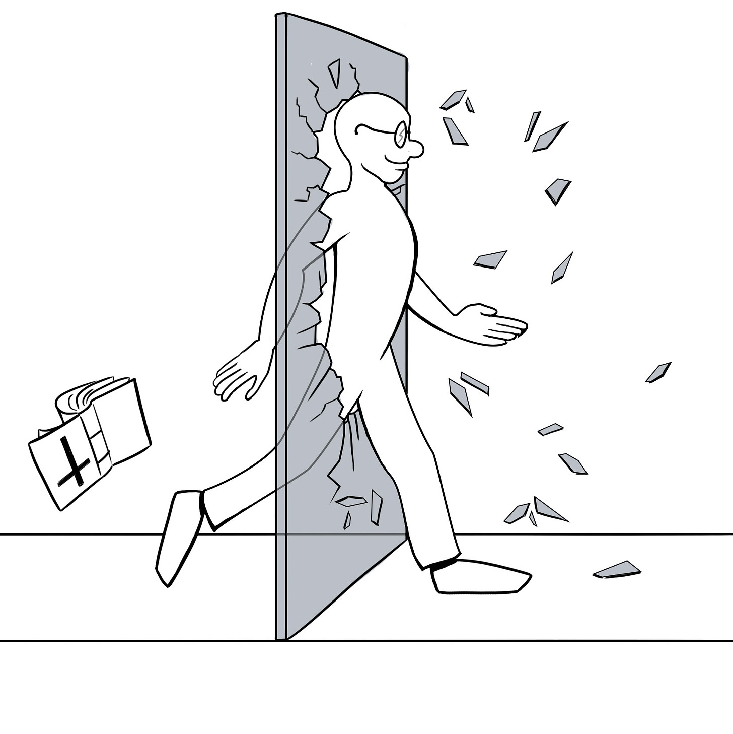 Cartoon picture of man walking unscathed through breaking glass, having discarded the bible behind him