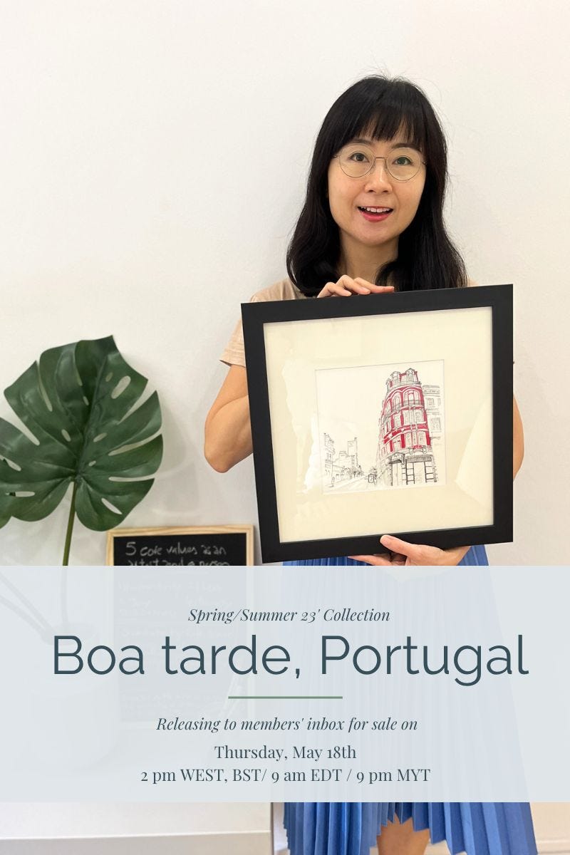 image: photo of a female artist (me truly) holding a framed and mounted line art of an urban landscape porto scene with the collection title on the image, Boa Tarde, Portugal