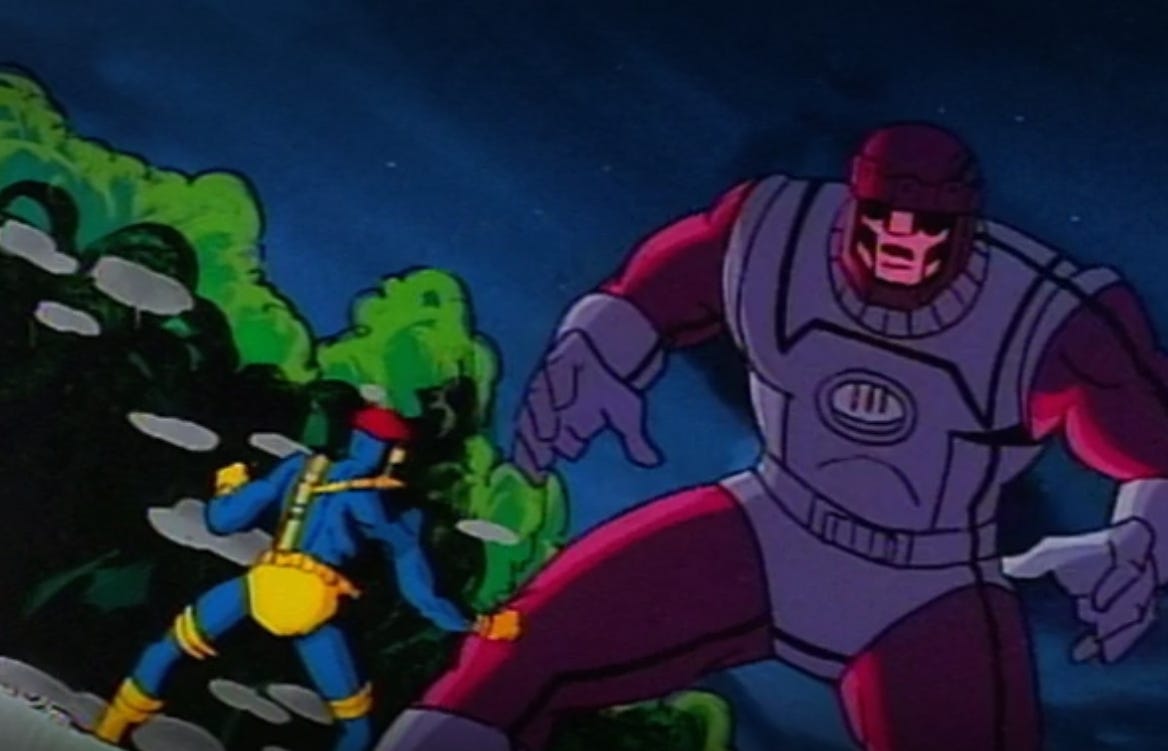 Cyclops faces off against a Sentinel.