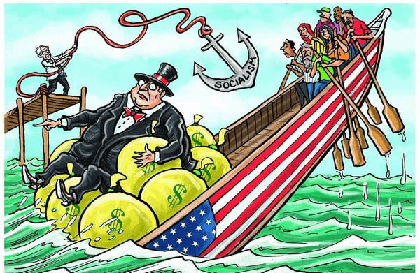 A cartoon of a person in a boat with money

Description automatically generated