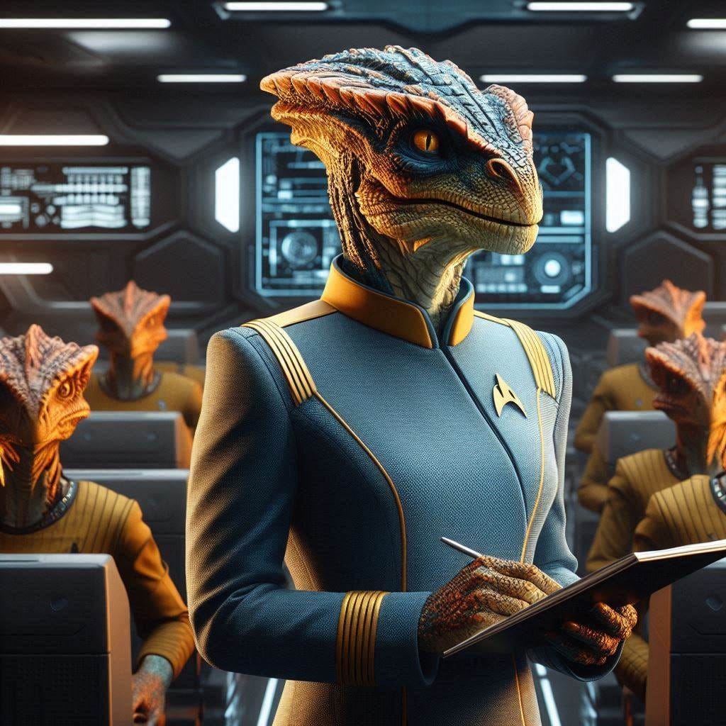 Female Reptilian Starfleet Officer in uniform teaches to Starfleet reptilian Cadets inside a spaceship.