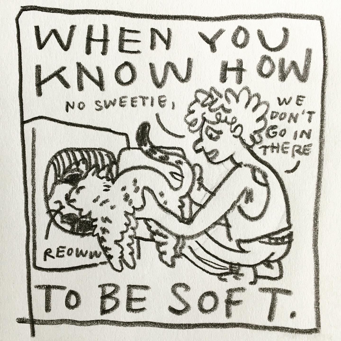 Panel 4: when you know how to be soft. Image: Lark lifts the striped cat out of the drying machine. The cat has a raised tail and an angry face, saying “REOWW.” Lark looks sympathetic, saying "no sweetie, we don't go in there"