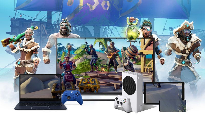 Characters from Sea of Thieves standing in front of a laptop, TV and tablet running the game