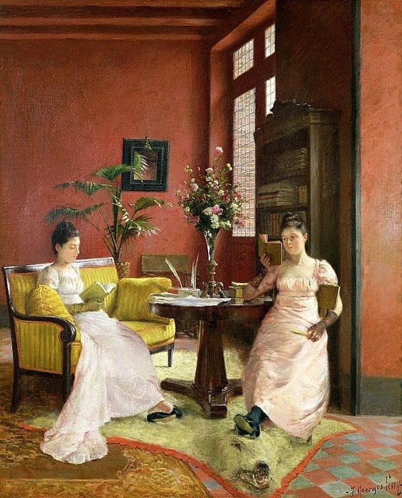 Painting that shows two Regency women reading in a parlor.