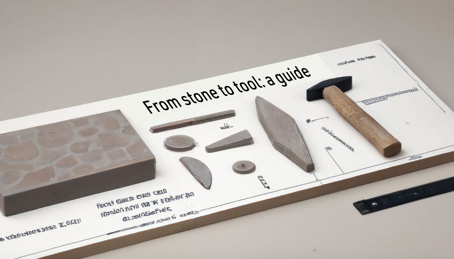 An instruction board with stone objects labeled, "From stone to tool: a guide"