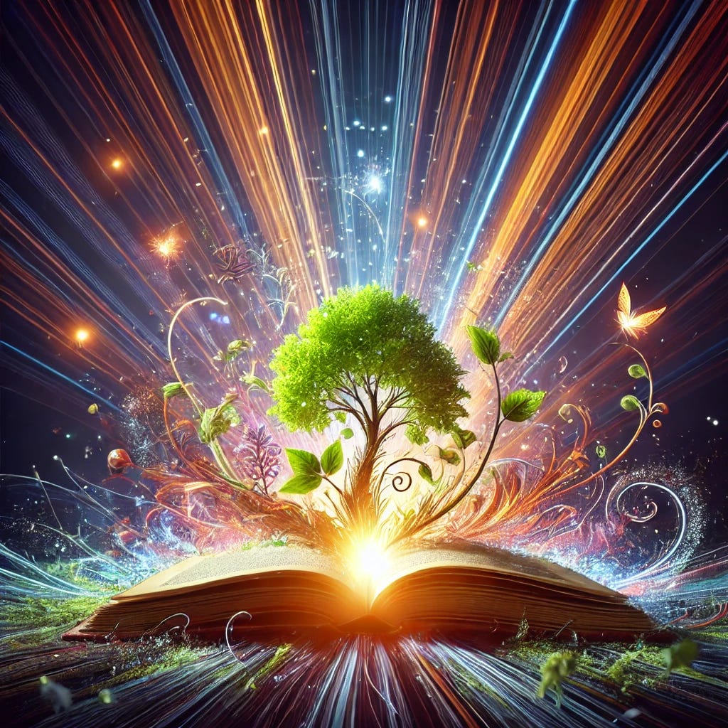 A visually striking image representing growth and learning. The image should show a tree or plant emerging from an open book, symbolizing the growth that comes from knowledge. Rays of light or beams of inspiration should illuminate the scene, emphasizing the transformative power of learning. The atmosphere should feel uplifting and dynamic, with vibrant colours representing personal growth and intellectual development. The overall tone is one of transformation, knowledge, and continuous improvement, with no words or numbers, just powerful imagery.