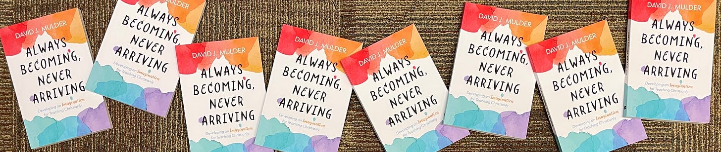 Copies of Dr. Dave's book, Always Becoming, Never Arriving spread across the floor Copies of Dr. Dave's book, Always Becoming, Never Arriving spread across the floor