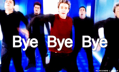 A gif of the members of NSYNC doing the iconic dance during the chorus in the "Bye Bye Bye" music video