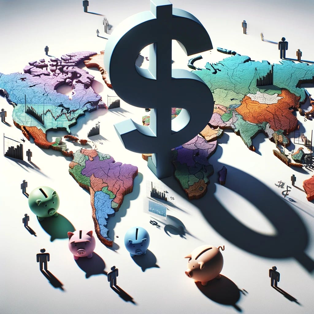 Visualize a global map where the USA is depicted with an oversized, strong dollar sign overshadowing other countries. The shadows cast by the dollar sign cause visible distress to the depicted countries, symbolizing economic pressure and inflation. Some countries are shown with small icons of broken piggy banks and falling stock market graphs, indicating financial crises and market collapses. The image captures the concept of the strong dollar's impact on global economies, including increased import costs, inflation, and potential debt defaults in countries around the world.