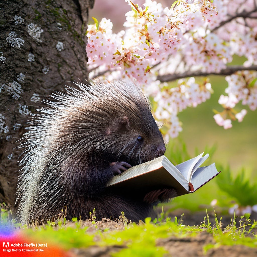 AI-generated photo of a studious porcupine reading a book at the base of a cherry tree with cherry blossoms in the background.