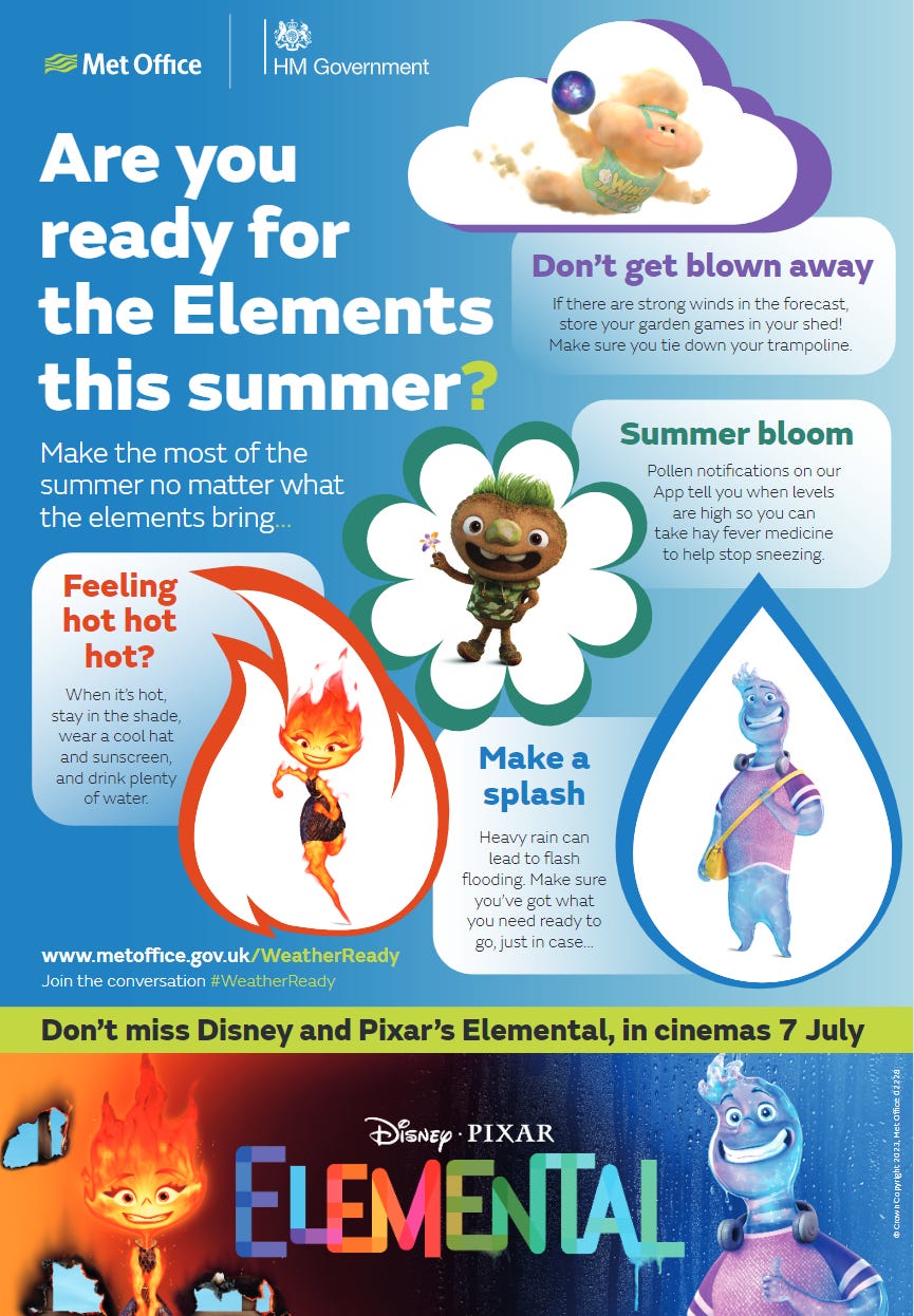 A post with the branding of Elemental and the Met Office. The characters from the film feature on the poster. It reads: Are you ready for the Elements this summer? Make the most of the summer no matter what the elements bring... Feeling hot hot hot? When it's hot, stay in the shade, wear a cool hat and sunscreen and drink plenty of water. Don't get blown away. If there are strong winds in the forecast, store your garden games in your shed! Make sure you tie down your trampoline. Summer bloom. Pollen notifications on our App tell you when levels are high so you can take hay fever medicine to help stop sneezing. Make a splash. Heavy rain can lead to flash flooding. Make sure you've got what you need ready to go, just in case. Don't miss Disney and Pixar's Elemental, in cinemas 7 July.