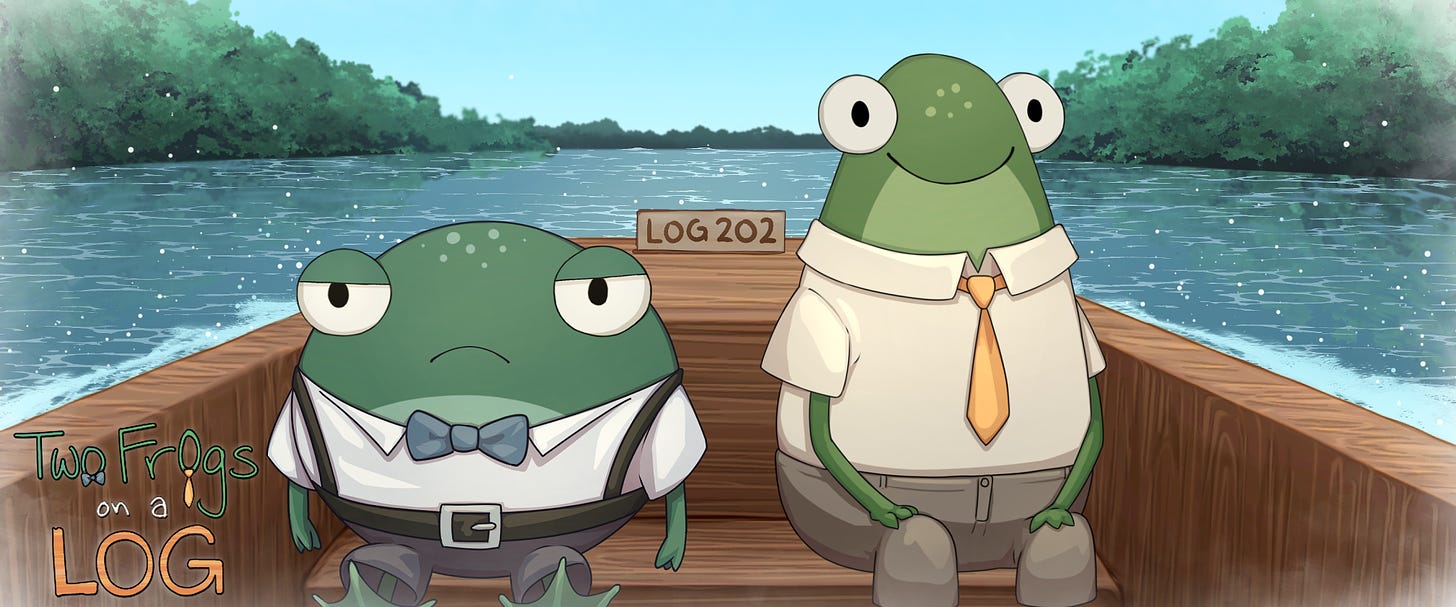 The itch.io banner for Two Frogs on a Log. Two frogs sitting on a public transport log on the way to work, with the title in the corner.