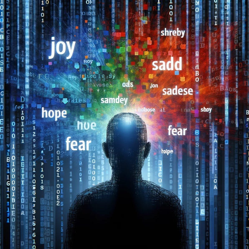 Photo of a silhouette of a person against a backdrop of digital code, with colorful emotional words like ‘joy’, ‘sadness’, ‘hope’ and ‘fear’ emerging from the code.