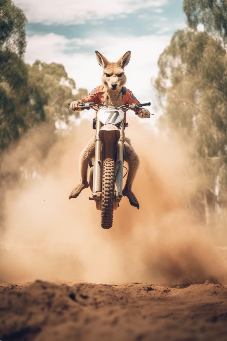 color photo of a kangaroo doing something crazy, like jumping over a motorcycle while riders are performing stunts, with a dusty and wild atmosphere