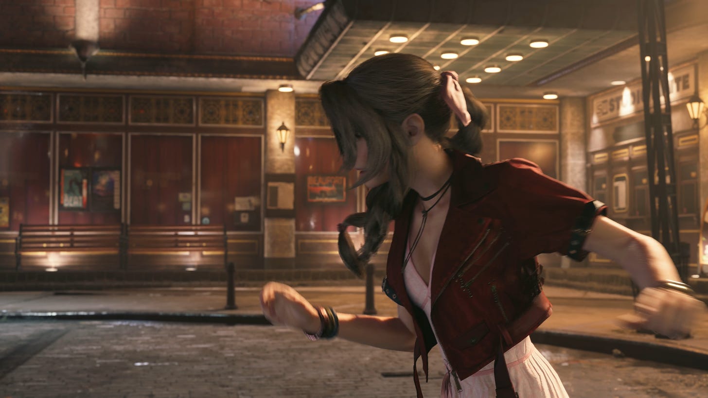 Aerith is flailing around, trying to get rid of invisible attackers.