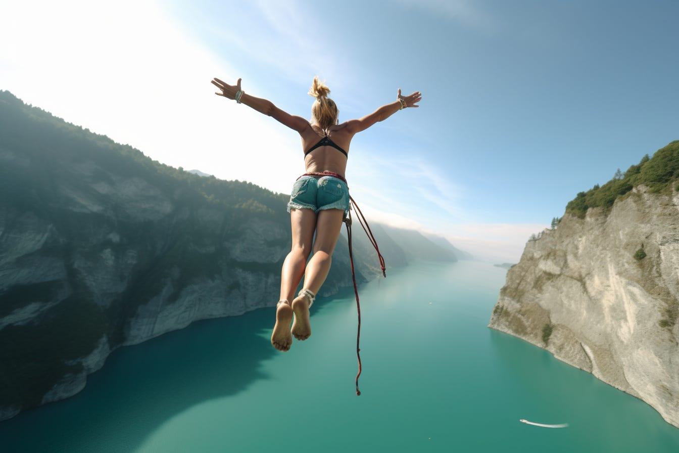 Woman jumping with a bungee cord that isn't attached to anything