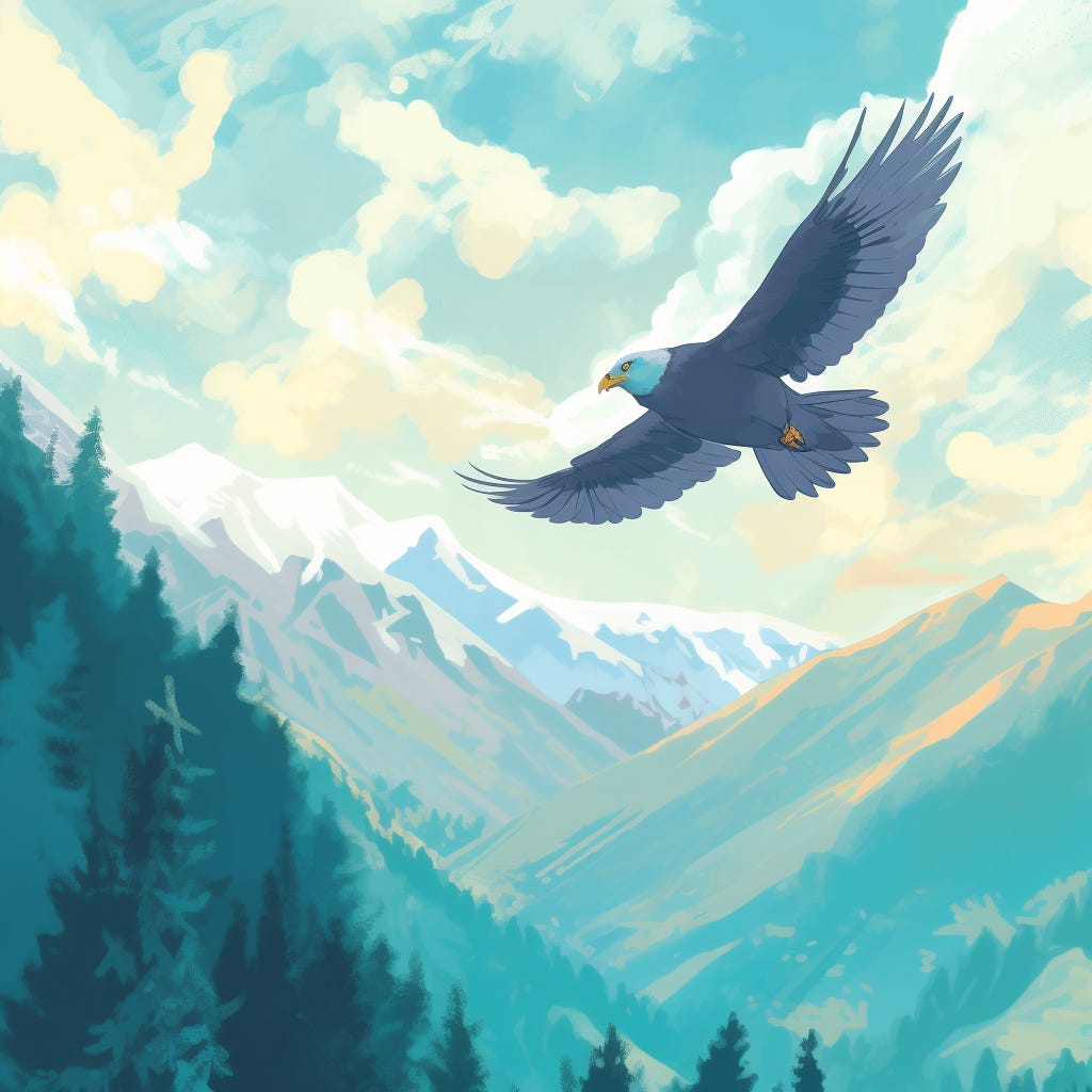 an image of a bird flying over the mountains on a sunny day