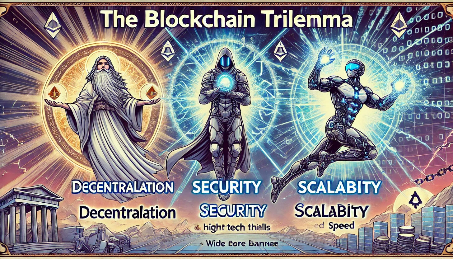 A wide banner illustrating the blockchain trilemma with a manga theme. The three core challenges are depicted as characters: Decentralization as a wise and ethereal figure standing on a floating platform, Security as a futuristic knight clad in high-tech armor holding a glowing shield, and Scalability as a fast, agile fighter with energy trails, showing speed. The characters are in a dramatic standoff, surrounded by digital elements like blockchains and data flowing around them. The art style is heavily influenced by classic manga, with dynamic lines and vibrant energy.