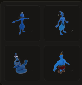 Four 3D-rendered blue genies inside Luma's Genie