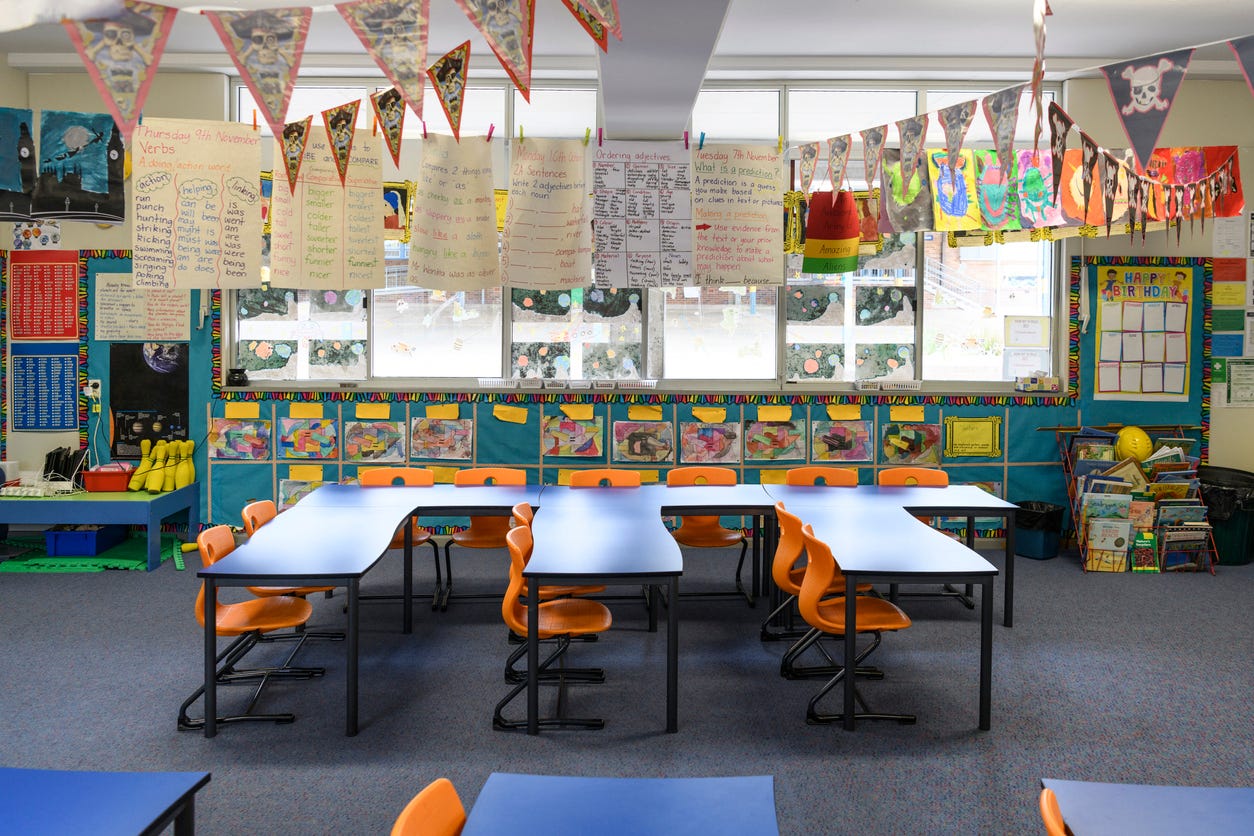 An image of an empty elementary classroom with decorations all around. 