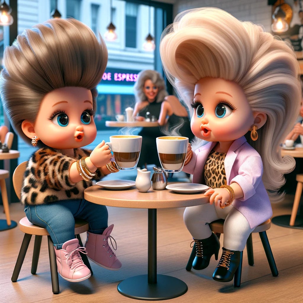 A 3D image of two babies dressed as grown-up fashionistas, both with really big, cool hairdos, sitting in a cafe sharing espressos. They are wearing trendy, stylish outfits, and the scene captures a fun, whimsical atmosphere. The cafe is chic and modern, with visible details like coffee cups, a small table, and fashionable decor. The babies exhibit playful expressions, engaging in an adult-like fashion conversation, surrounded by a vibrant yet cozy cafe setting.