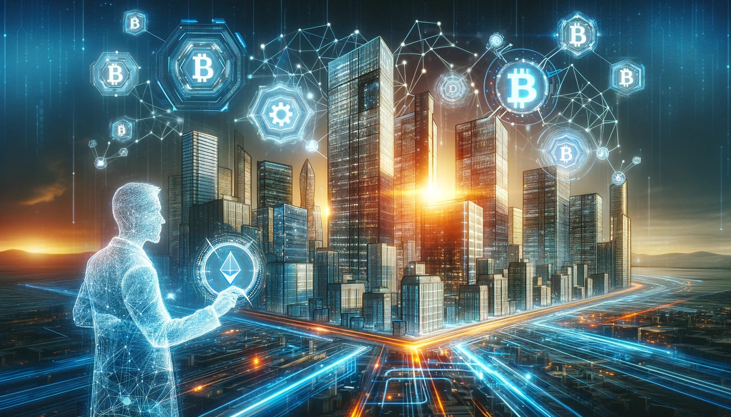 A dynamic and futuristic city skyline, symbolizing the transformation of the real estate industry through blockchain technology. In the foreground, a digital architect, portrayed as a holographic figure, is designing and constructing buildings using a futuristic holographic interface. The buildings themselves are sleek, modern, and connected by glowing lines that represent blockchain networks. Smart contracts and tokens are visualized as glowing digital symbols seamlessly integrated into the architecture. The image should convey a sense of innovation, technology, and the future of real estate investment. The overall atmosphere should be vibrant and energetic, reflecting the transformative impact of blockchain on real estate.