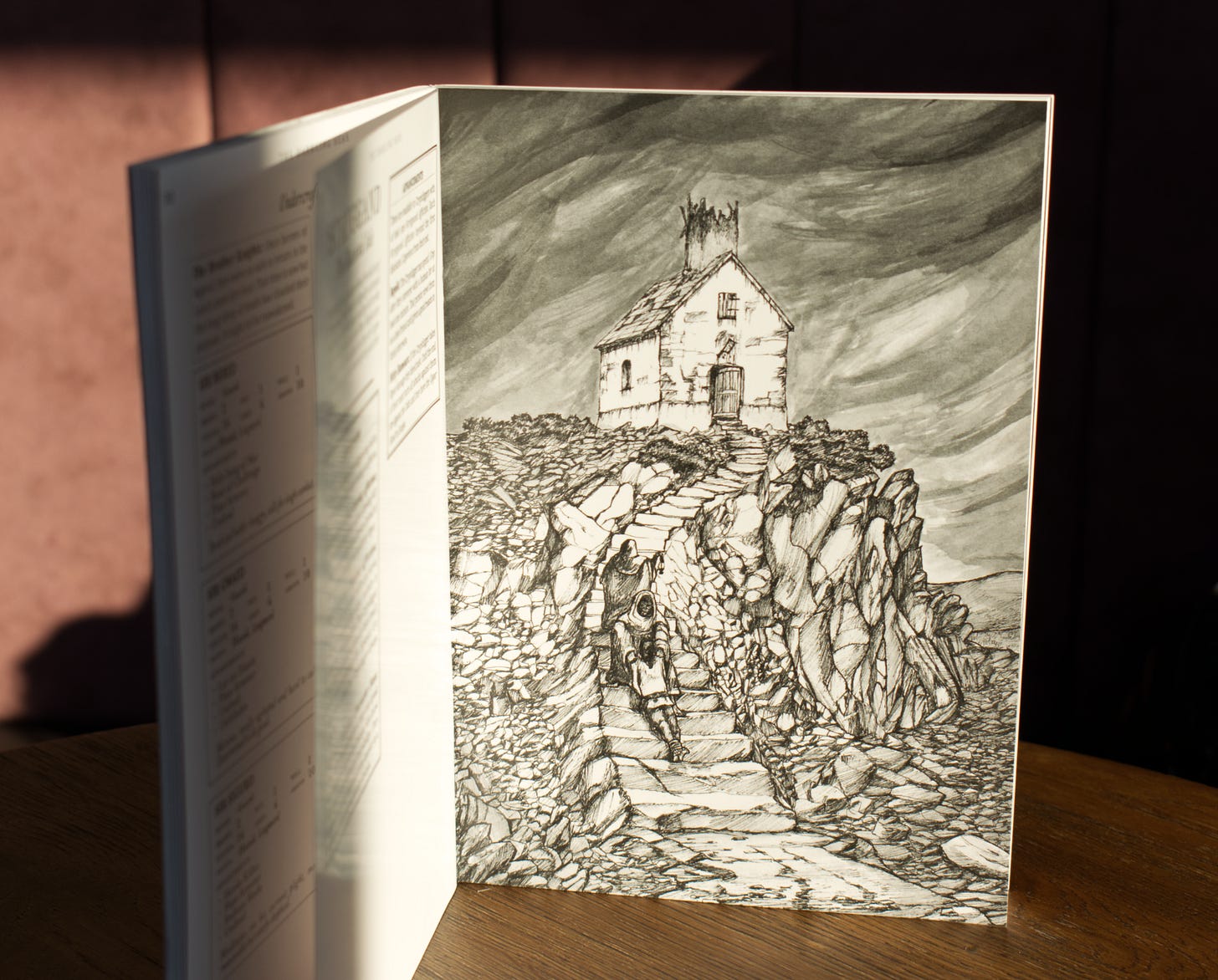 Photograph of the inside of the TTRPG adventure The Darkling Seas of Islemere by SoulMuppet. There is a full page drawing of figures dragging a body up stony steps to a building.