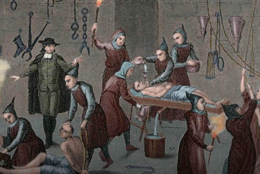 Medieval illustration depicting torturers and tortured; one man is forced to consume liquids