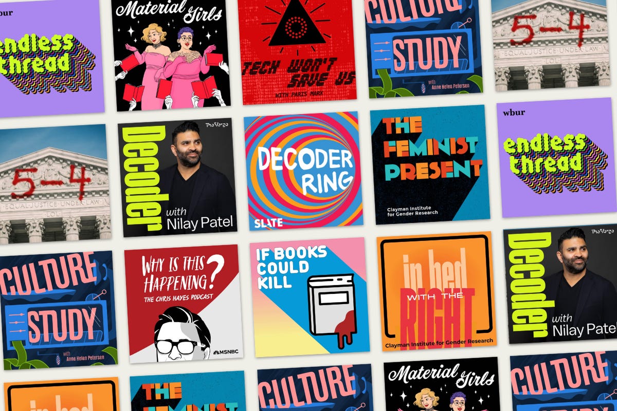 A graphic of colorful podcast cover art corresponding to the shows featured in this article