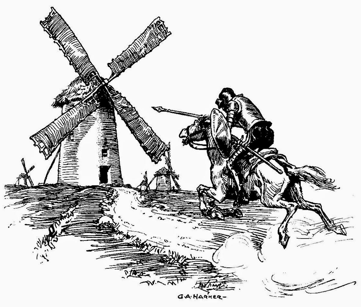 an ink drawing of Don Quixote rushing on horseback to attack a windmill with a spear