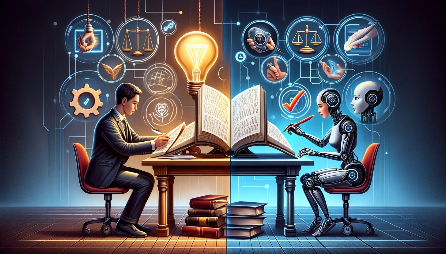 Illustrate the distinction between two concepts in a split-image format. On the left, depict Human-In-The-Loop (HITL) Writing: A person sits at a traditional wooden desk, pouring over a large, open book with a quill in hand. Above the desk, a light bulb glows brightly, symbolizing a human-driven idea. Ethical and quality assurance symbols, like a balance scale and a check mark, hover around the person, emphasizing human oversight and decision-making. On the right, show Machine-In-The-Loop (MITL) Writing: A human and a sleek, futuristic robot sit side by side at a modern, glass table. They are looking at a digital tablet screen together. The human holds a stylus, poised to edit or add content, while the robot points at the screen, suggesting corrections or ideas with a mechanical arm. This side emphasizes collaboration, with the human leading and the AI assisting, underscored by digital icons of cooperation, such as a handshake and a gear symbolizing AI input.