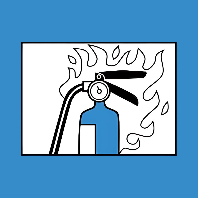 Stylized drawing of a fire extinguisher engulfed in flames. The illustration uses bold black lines with blue and white coloring, framed against a solid blue background. Stylized drawing of a fire extinguisher engulfed in flames. The illustration uses bold black lines with blue and white coloring, framed against a solid blue background.