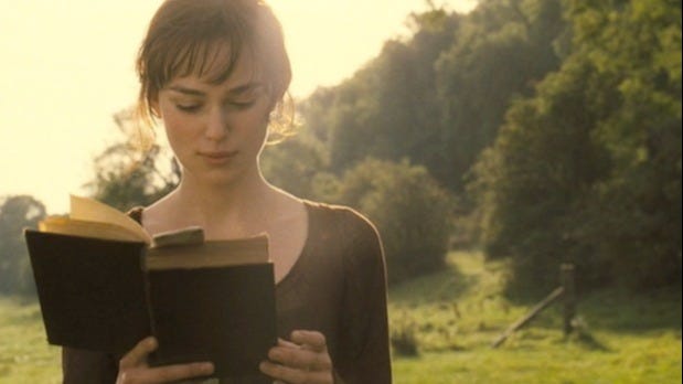 Elizabeth Bennet is reading while walking. 