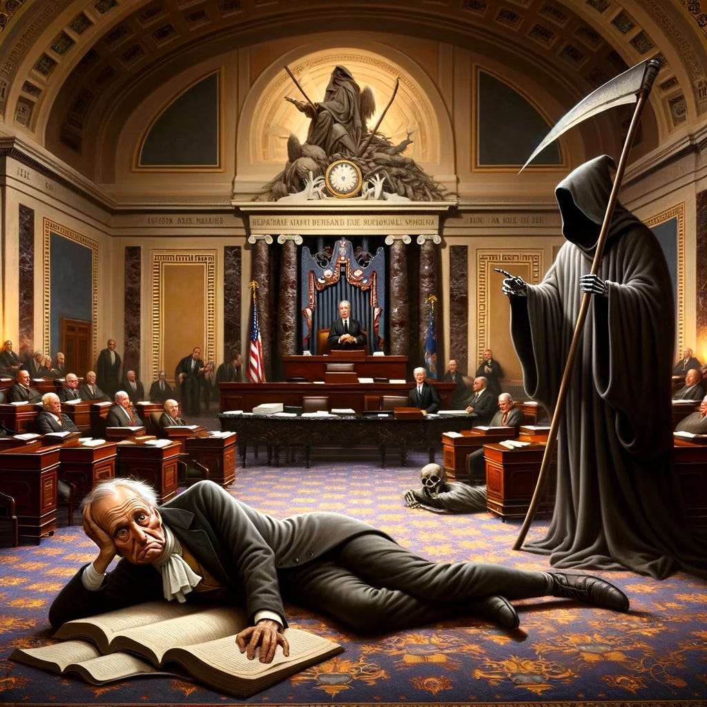 An allegorical scene depicting a bill, personified with a sad face and legs, lying defeated on the floor of the United States Senate chamber. A figure of the Grim Reaper stands over it, symbolizing the death of the bill. The environment is rich in detail, showing the classic architecture of the Senate chamber, including its desks and chairs, with a somber atmosphere to convey the mood of failure and finality. The Grim Reaper is holding a scythe, and both characters are positioned in a way that highlights the dramatic moment of the bill's demise.