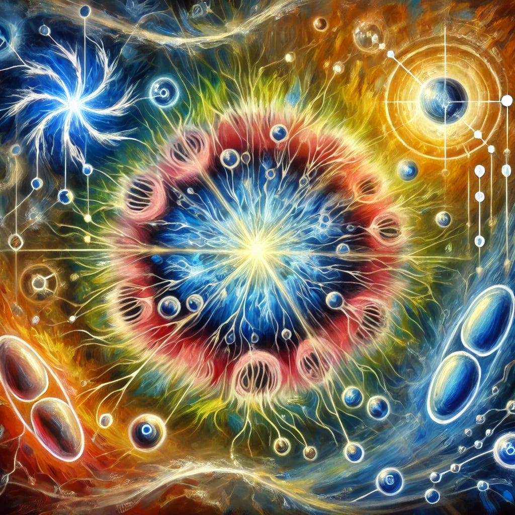 A vibrant, bold, and expressive oil painting-style image capturing a mysterious and powerful nexus of interconnected themes: the interplay of light, shadows, and quantum elements symbolizing the fusion of health, biology, and technology. The image includes glowing light sources, representing natural sunlight, blue artificial light, and bioelectric currents. There is an abstract depiction of mitochondria and cellular structures, connected by light beams and subtle electromagnetic waves. Darker tones around the edges signify the disruptive forces like non-native EMFs and environmental factors, with brighter central colors indicating health and vitality driven by light and natural energy.