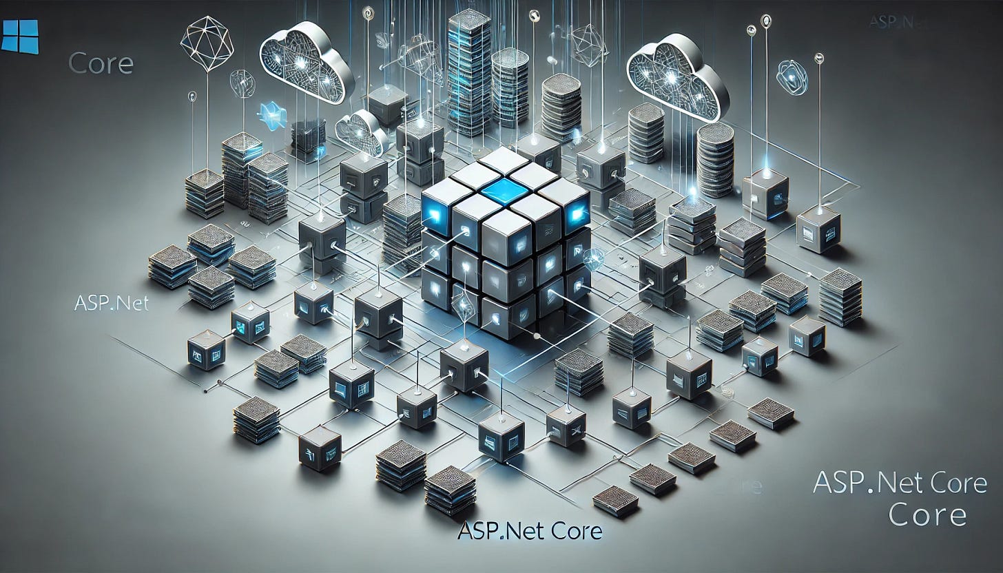 Visual of microservices architecture with ASP.NET Core, showing independent services connected by APIs.