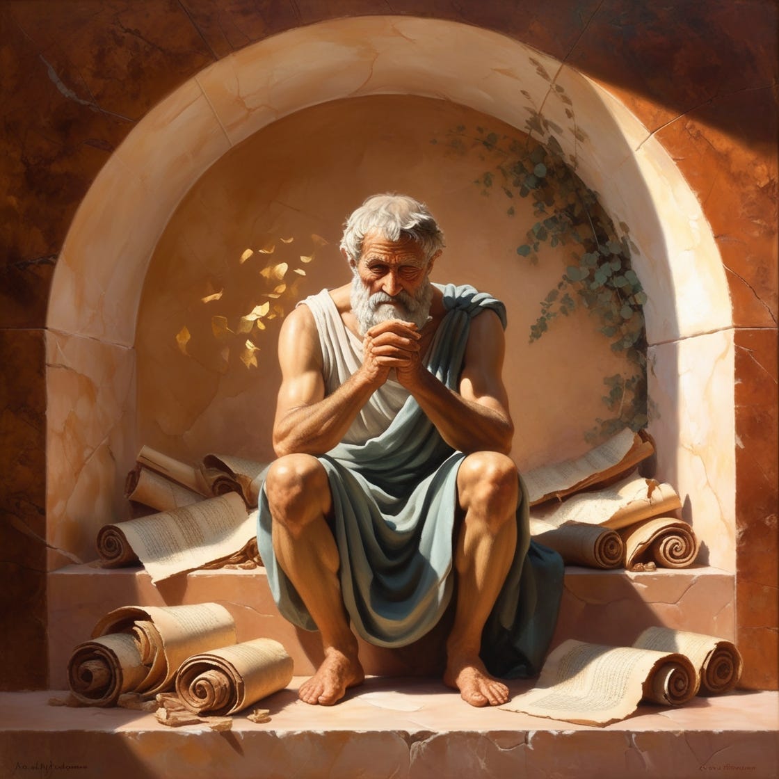A wise man from ancient Greece, rendered in soft, expressive oil paints, sits amidst a warm, honey-toned marble alcove, surrounded by crumbling scrolls and parchments, his wrinkled hands clasped together in contemplation, his eyes cast downward, lost in thought, as if the weight of the world rests on his shoulders, with flickers of golden sunlight dancing across his aged face, set against a rich, burnished sienna background, evoking a sense of antiquity and mysticism, with hints of sage green and earthy brown tones, imbuing the scene with a sense of wisdom and ancient knowledge.