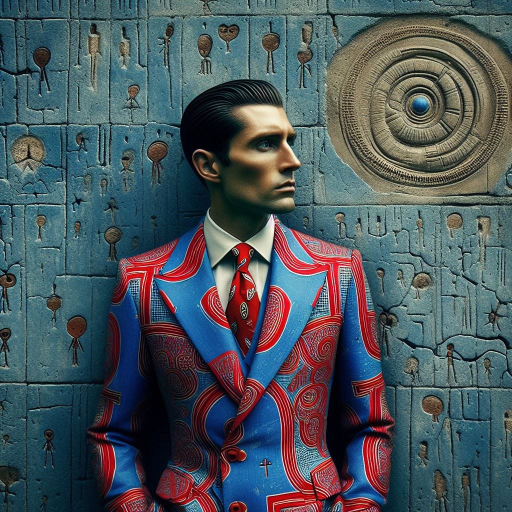 hyper realistic ;tiltshift; handsome dark haired man in a suit covered in buitre patter red on cobalt blue suit with a cream tie with a mono pattern embroidered on it. painting by alexander ross on wall in background. Wall made of concrete with alien symbology carved into it. Cracks in wall with tiny flowers growing through.Architecture africaine.Hausa people architecture in Northern Nigeria,Tubali 