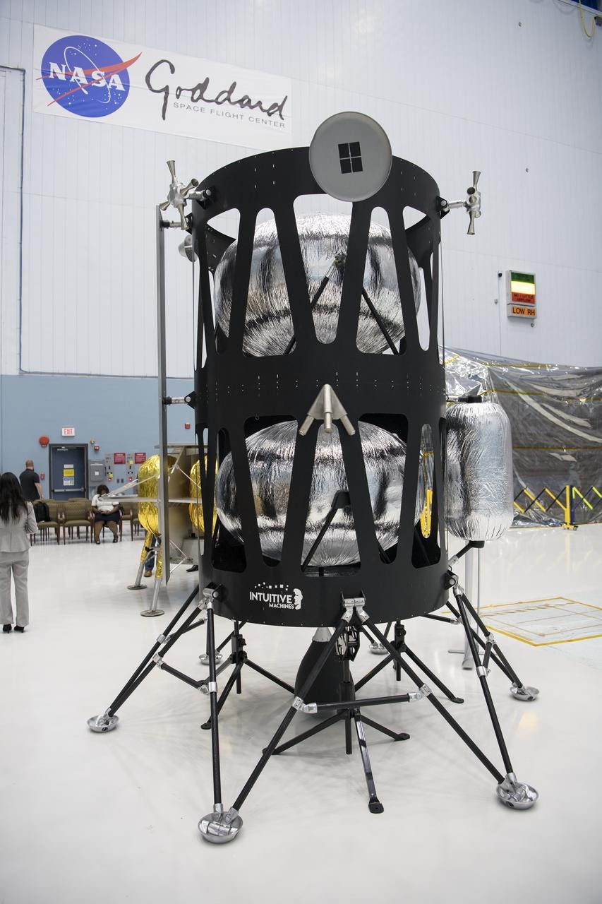 The Intuitive Machines lunar lander is seen, Friday, May 31, 2019, at Goddard Space Flight Center in Md. Astrobotic, Intuitive Machines, and Orbit Beyond have been selected to provide the first lunar landers for the Artemis program's lunar surface exploration. Photo credit: (NASA/Aubrey Gemignani)