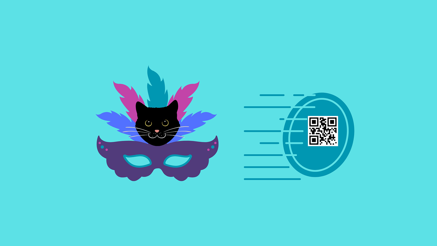 image of mask, cat face, fast moving object and QR code