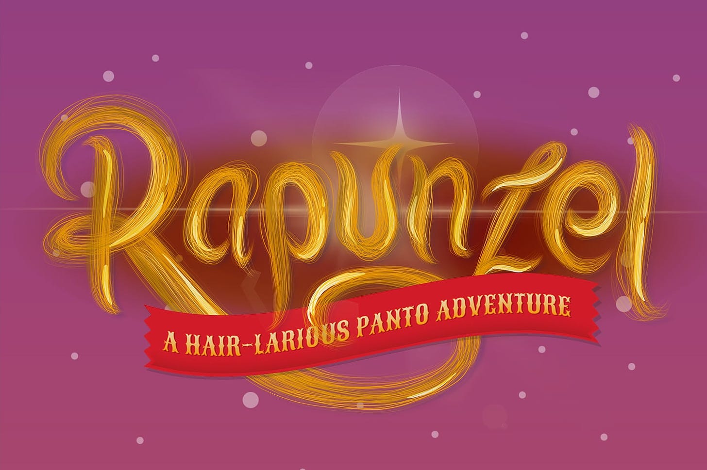 The image features an artistic title design that reads "Rapunzel," stylized to resemble long, flowing blonde hair, reflecting the character's most distinctive trait. The text is set against a purple background with subtle sparkles, creating a magical feel. A ribbon banner in a rich red hue flows through the lettering with the pun "A HAIR-LARIOUS PANTO ADVENTURE" written on it in white, adding a playful touch to the theme of the image. The overall design is whimsical and vibrant, hinting at a fun and comedic retelling of the classic fairy tale.