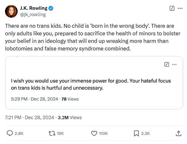 Rowling postou em resposta a uma crítica onde ela fez os comentários de que "não há crianças trans" e "nenhuma criança nasce no corpo errado"