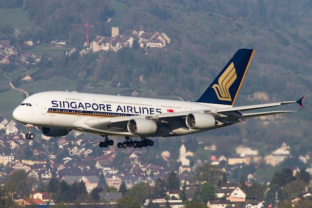 Singapore Airlines A380 approaching Zurich airport