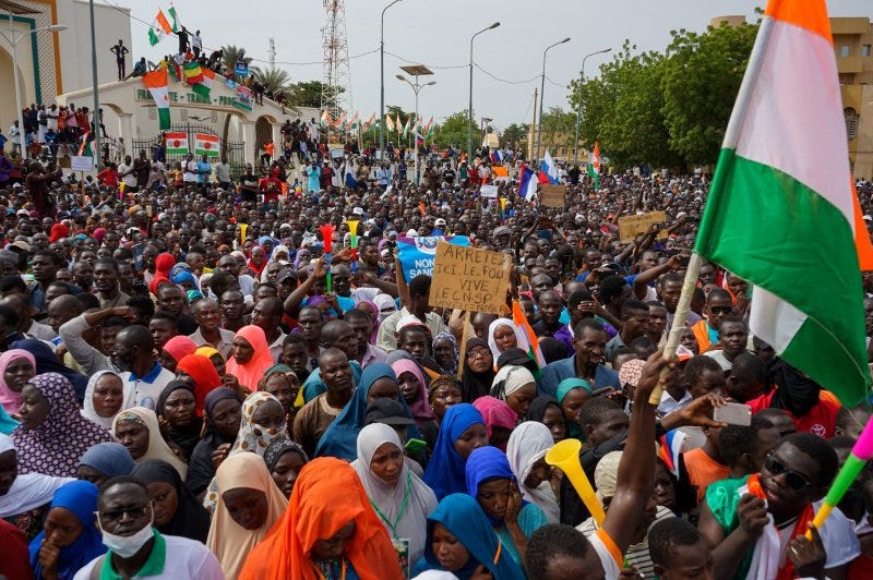 Supporters of the military junta protest against a potential military intervention in Niamey, Niger, in August 2023. U.S. relations with Niger have deteriorated since last year when a military coup ousted President Mohamed Bazoum. The new military junta last month revoked a security pact that allowed U.S. troops to operate in the country. Photo by Issifou Djibo/EPA-EFE
