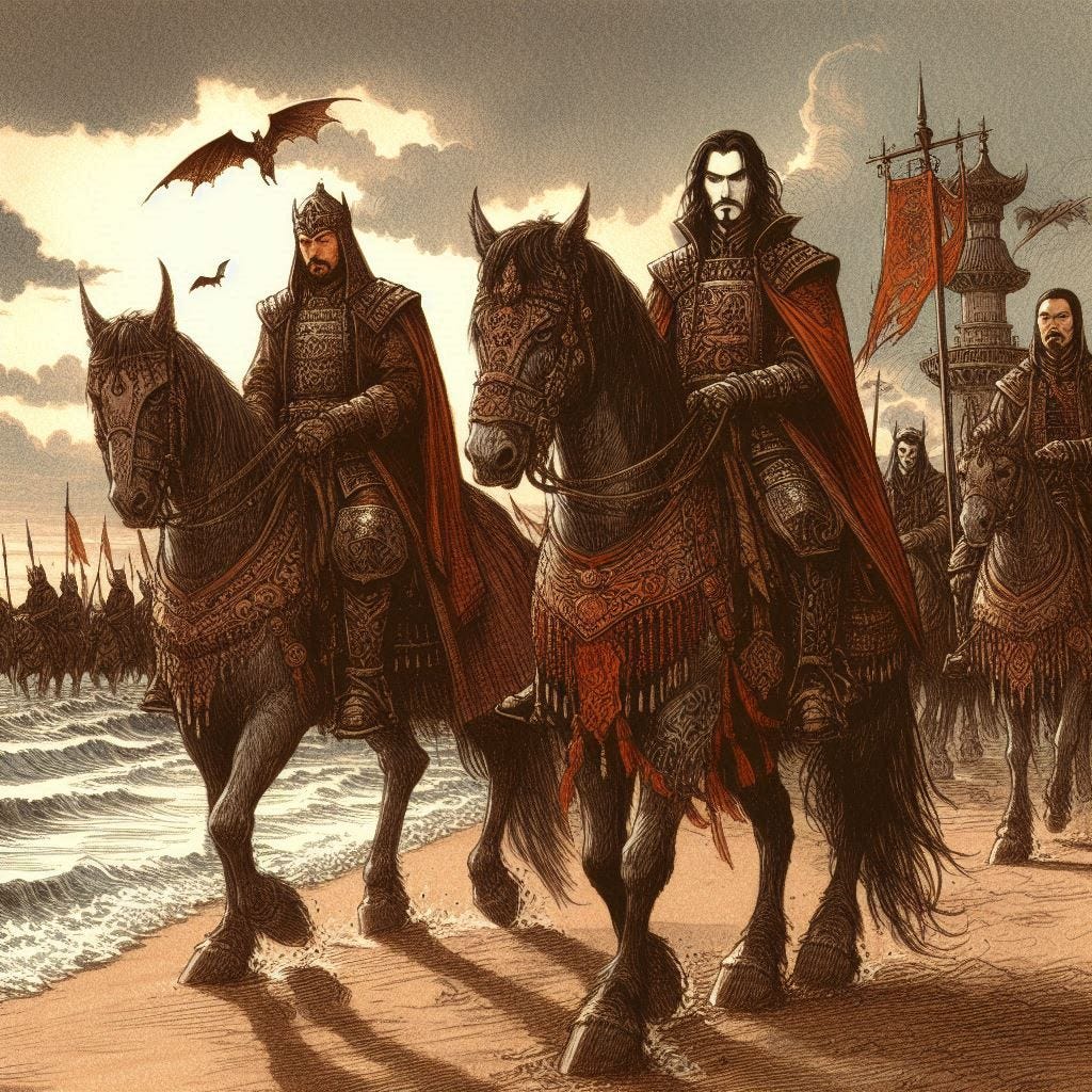 medieval asian riders on horses, vampire standing on beach, dungeons and dragons drawing