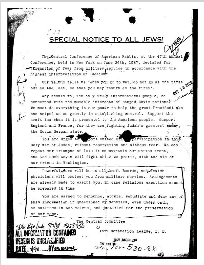 A copy of a "special notice to all Jews" calling on them to support America's entry into WWII against Germany (and giving instructions on how to avoid military service themselves).